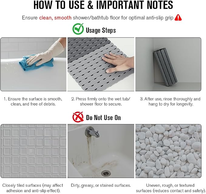 MBOSS Bath Tub Shower Mat Non Slip Bathtub Mats for Bathroom Shower Floor Mat Bath Mats for Shower Tub Anti Slip Shower Mat with Drain Hole and Large Suction Cups (Gradient Grey, 37.5 X 15.7 Inch)