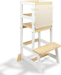 Kitchen Step Stool for Toddlers with Non-Slip Mat, WOOD CITY Wooden Kids Montessori Learning Stool Tower, Toddler Standing Tower Helper for Kitchen Counter and Bathroom Sink(White-Natural-Adjustable)