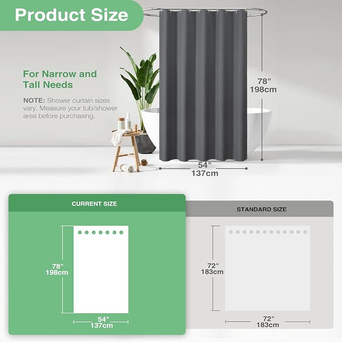 Dynamene Stall Fabric Shower Curtain - 54x78 inch Long Waffle Weave Weighted Thick Cloth Shower Curtains for Bathroom,Heavy Duty Hotel Spa Luxury Bath Curtain Set with 10 Plastic Hooks,Charcoal Grey