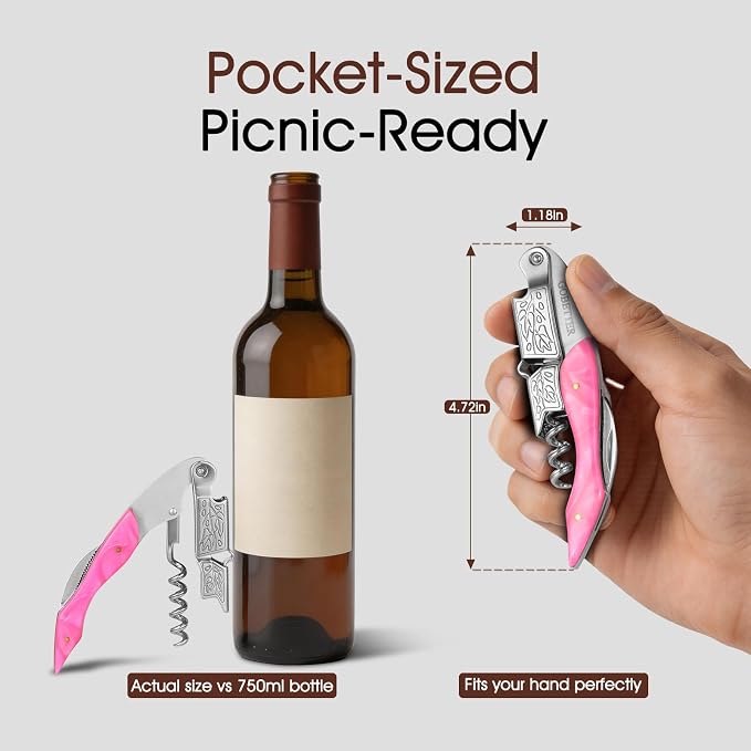 GOBETTER Wine Opener, Professional Corkscrews for Wine Bottles Cap Remover, Manual Wine Key for Home Use, Servers, Waiters Bartenders and Wine Lovers, Pink Resin