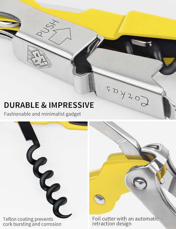 CORKAS Wine Key - Professional Handcrafted Heavy Duty Waiter Corkscrew, Compact Wine Opener with Double Hinged, Foil Cutter and Bottle Opener, Gifts for Servers, Sommelier, Bartenders - Yellow