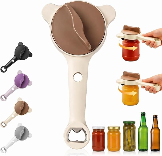 4-in-1 Multi-Purpose Jar Opener – Upgraded Adjustable Three-Claw Bottle Opener with Non-Slip Teeth, Multi-Size Lid Tool for Jars, Cans, Wine Bottles – Essential Kitchen Helper（Brown）