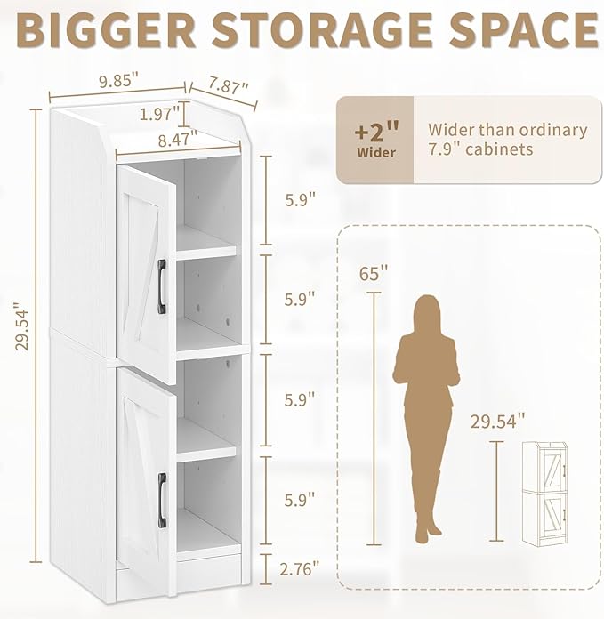 Narrow Bathroom Storage Cabinet with 2 Doors and Shelves, 9.8" W Small Storage Cabinet for Toilet Paper Storage, Slim Cabinet for Small Spaces, Bathroom, Kitchen, 9.8" W × 7.9" D × 29.5" H, White