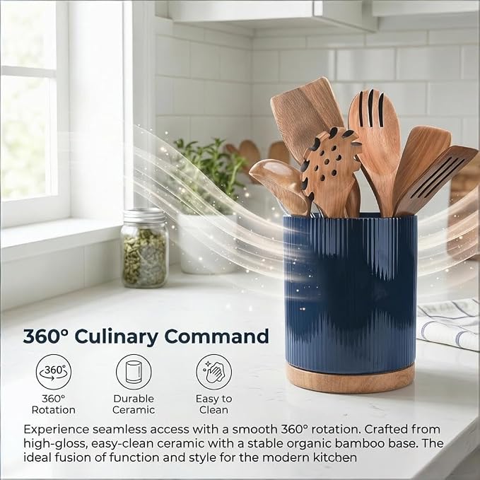QUELIEN Utensil Holder, 360° Rotating Ceramic Kitchen Utensil Holder for Countertop, 7.7" Utensil Crock for Kitchen Counter with Rotatable Wooden Base,Ideal Housewarming Gift & Mothers Day Gift