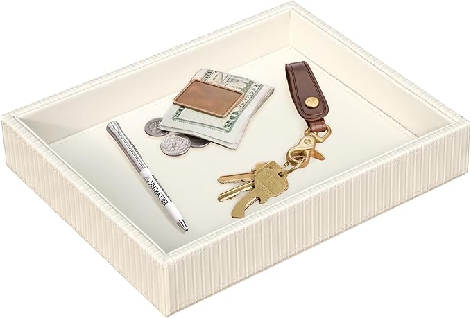HofferRuffer Faux Leather Vanity Tray, Elegant Desktop Storage Organizer, Decorative Catchall for Perfume, Bathroom Valet, Nightstand or Dresser, 10.2 x 8.4 x 1.8 inches (CreamWhite Stripe)
