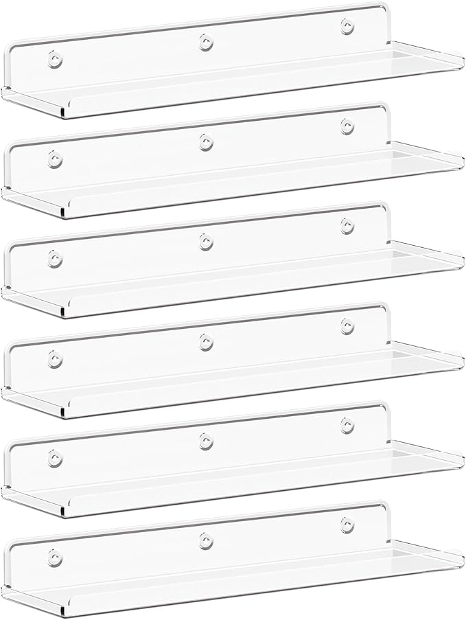 Lifewit Floating Shelves for Wall, Acrylic Display Shelf Wall Mounted for Figure, Car, Art, Book, 14" Perfume Organizer for Bathroom, Bedroom, Living Room, Nursery, Home Decor, Clear, 6 Pack