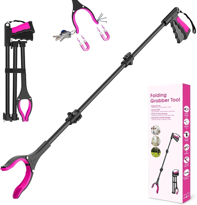 43" Grabber Reacher Tool, Foldable Reacher Grabber Pickup Tool with 360° Rotating Jaw & Two Magnets, Extra Long Trash Picker Upper Grabber, Extension Grabbers for Seniors, Pink