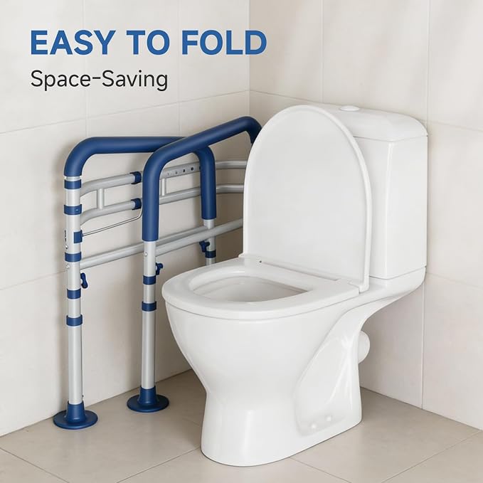 Loyoda Toilet Safety Rail for Seniors, 11.7lbs Steel, Rock-Solid Stability | Height & Width Adjustable,Foldable,Padded Armrests,Wide Non-slip Foot Pads,350 lb Capacity for Pregnant Women & Disabled,Blue