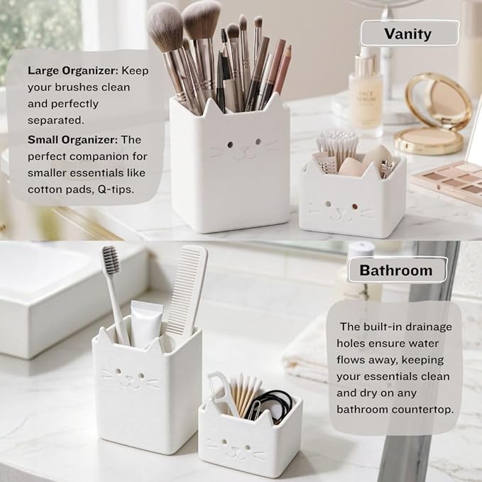 Office Desk Accessories, Set of 2 Pencil Cups, Cute Cat Pen Holder, Cute Desk Decor, Bathroom Organizer, Toothbrush Holders with Drainage, Makeup Brush Organizer, Cat Lover Gifts (Jade White)