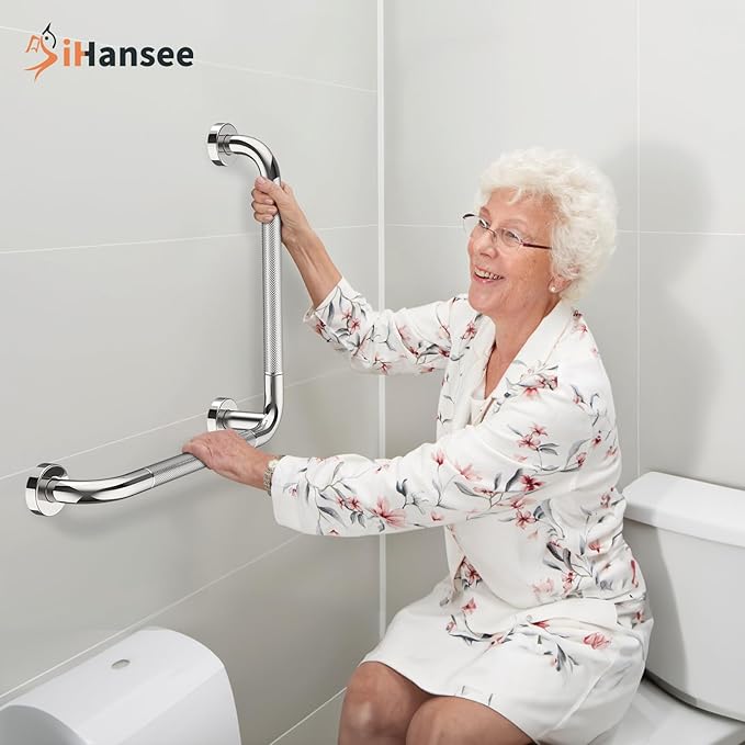 L-Shaped Angled Grab Bar 16x16 Inch Chrome Anti-slip Knurled Shower Handle Wall Mount, Stainless Steel Shower Bars Safety for Seniors Injured Balance Support, Handicap Grab Bars for Bathtubs & Showers