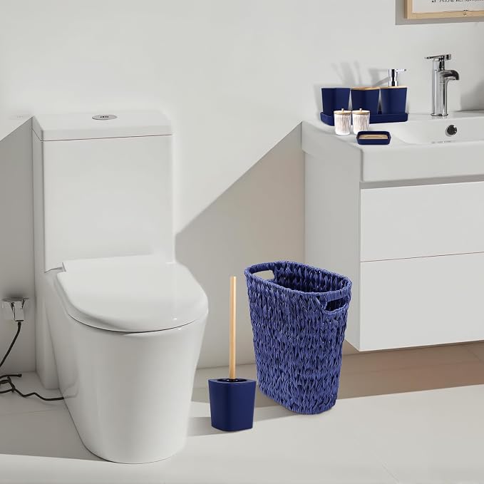 XLHOMO Navy Blue Bathroom Accessories Set with Wicker Trash Can Shower Curtain and Rugs,Bathroom Sets Small Waste Basket Bathroom Trash Can for Bedroom Bathroom