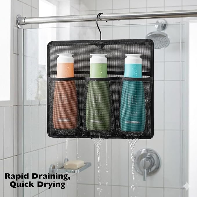 ALYER Mesh Shower Organizer, Shower Caddy with Rotating Detachable Metal Hanger, Quick Dry Bathroom Storage for Toiletry Accessories, Portable Shower Bag for RV, Dorm, Gym and Travel, Gray