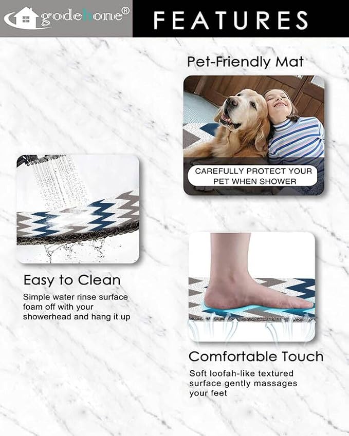 godehone Shower Mats Non Slip Without Suction Cups, PVC Loofah Bathroom Mats, Loofah Mats for Shower and Bathroom, Quick Drying, 15.7×36 Inch, Blue Geometric