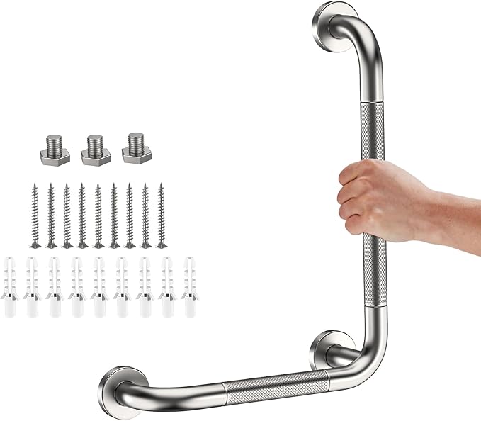 L-Shaped Angled Grab Bar 12x16 Inch Brushed Nickel Anti-slip Knurled Shower Handle Wall Mount, Stainless Steel Shower Bar for Seniors Injured Balance Support, Handicap Grab Bars for Bathtubs & Showers