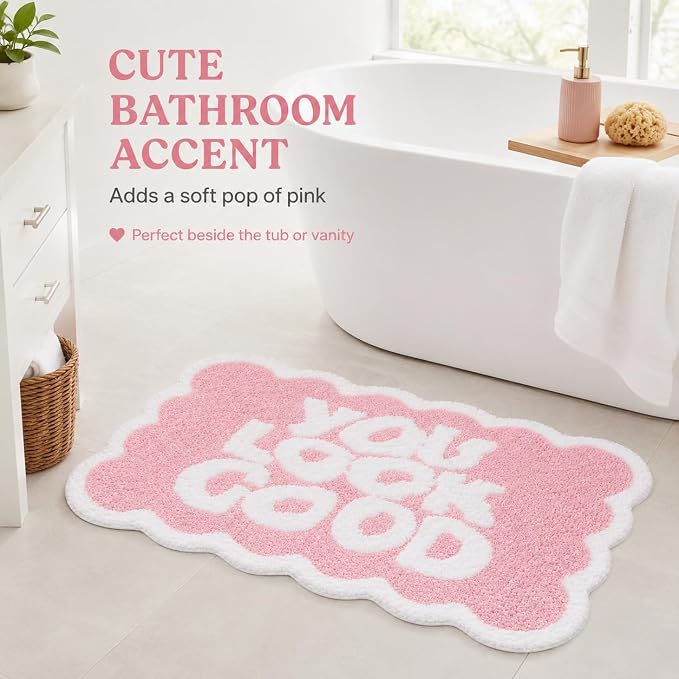 Scalloped Pink Bath Rug, You Look Good Cute Bathroom Rug, Soft Absorbent Quick Dry Bath Mat, TPR Non Slip Backing, Microfiber Mat for Shower Tub Sink Vanity 20" x 31.5"