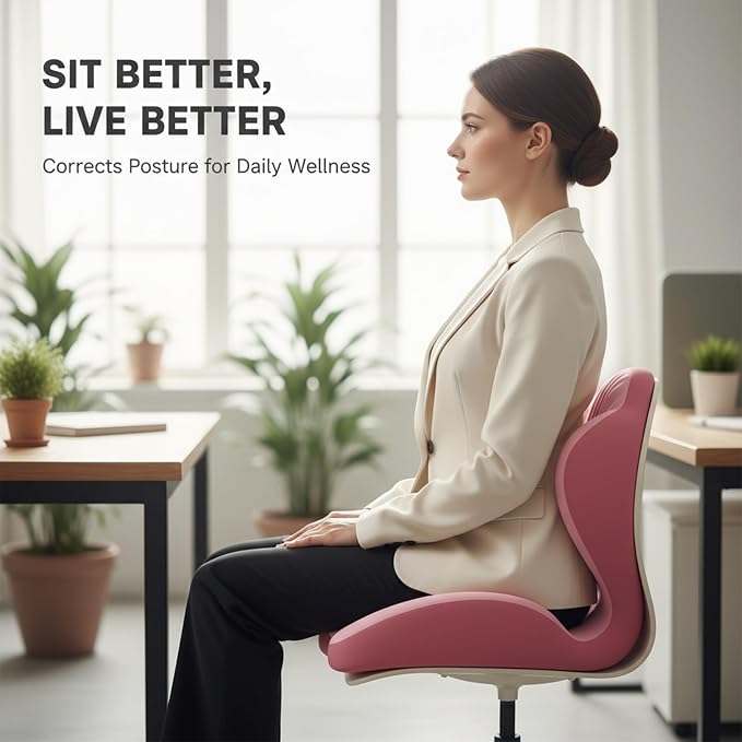 SakerPlus Ergonomic Seat Cushion Ergonomic Memory Foam Seat Cushion, L-Shaped Office Chair Cushion & Car Seat Cushion for Long Sitting, Lower Back Support Pillow for Office, Home, Driving (Pink)