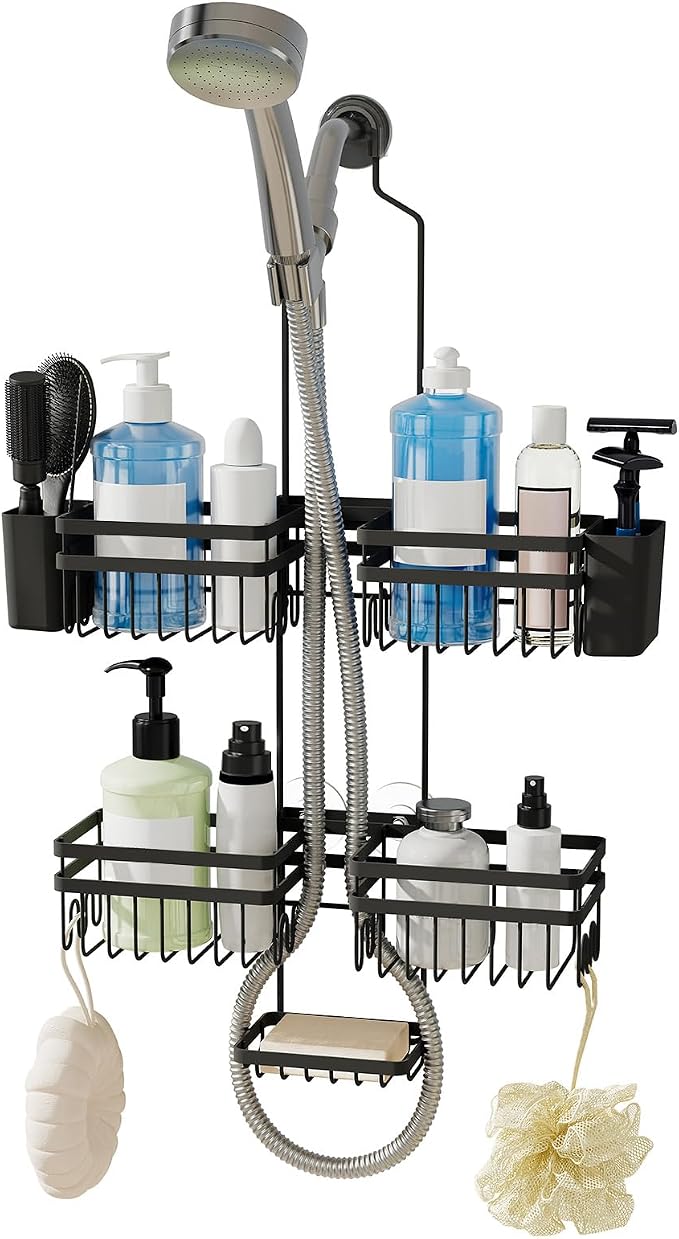 Shower Caddy Hanging for Bathroom Organizers and Storage - 3-Tier Adjustable Anti-Swing Shower Organizer Hanging with Heavy-Duty Suction Cups, Damage-Free Rustproof (Black)