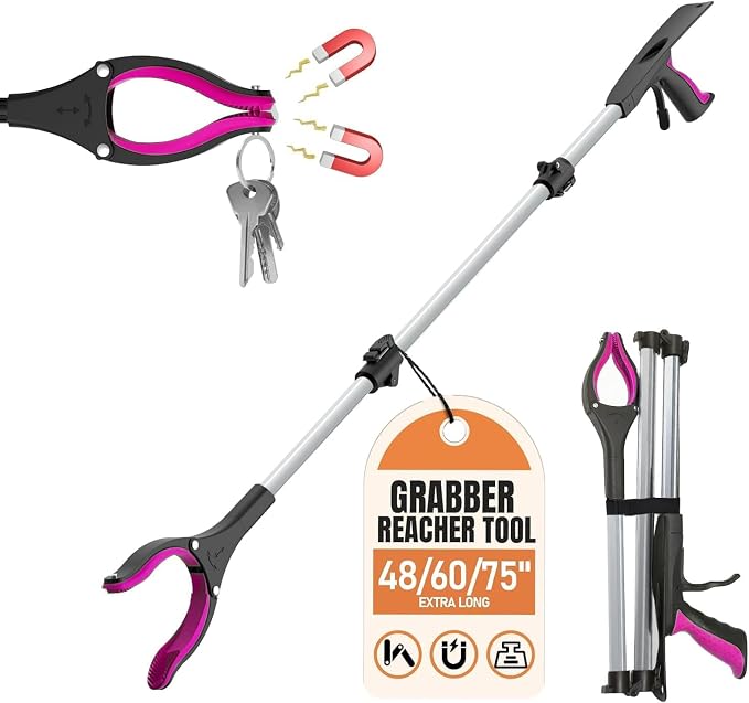 60" Extra Long Grabber Reacher Tool, Aluminum Foldable Reacher Grabber, Dual Magnetic Tip, 2 in 1 Pickup Grabber w/Shoe Horn, Strong Upper Picker for Elderly, Surgery Recovery, Medical, Trash