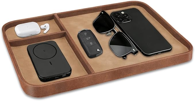 SITHON Valet Tray Trendy Organizer, Premium PU Leather Stylish and Organized Multifunctional Catchall Bedside Vanity Tray Nightstand Caddy Holder for Keys, Watch, Wallet, Jewelry and more (Brown)