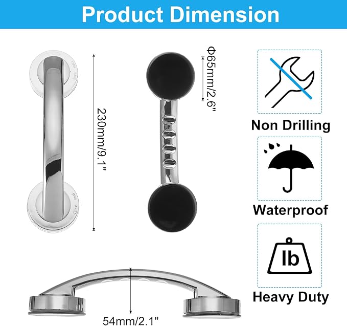 uxcell Grab Bars for Bathtubs and Showers, 9.1" Mirror Glass Door and Window Handles Powerful Shower Suction Cup Anti-Slip Safety Bars for Senior Shower Chairs Silver Tone