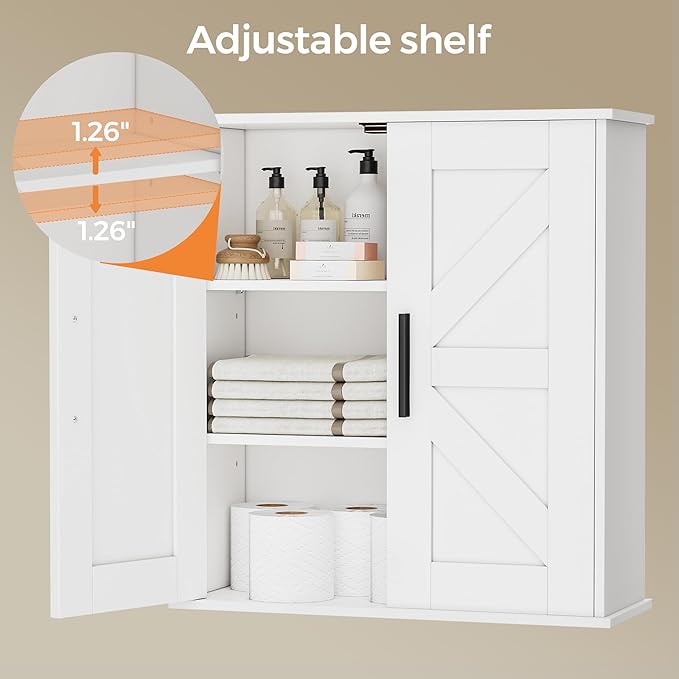 Homleke Bathroom Wall Cabinet, Over Toilet Storage Cabinet with Barn Doors and Adjustable Shelves, 3-Tier Medicine Cabinet Wall Mounted, for Bathroom, Kitchen, Entryway, Laundry Room, White, (7.9" D)