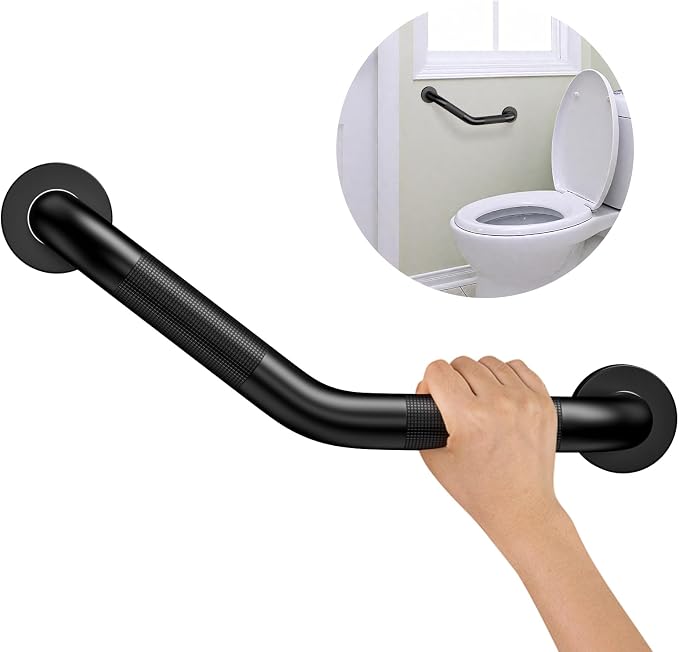 16 Inch Angled Shower Grab Bar,Munzong Black Anti Slip Bathroom Grab Bar, Knurled Bathroom Balance Bar,Safety Hand Rail Support Handicap Elderly Injury Senior Assist Bath Handle
