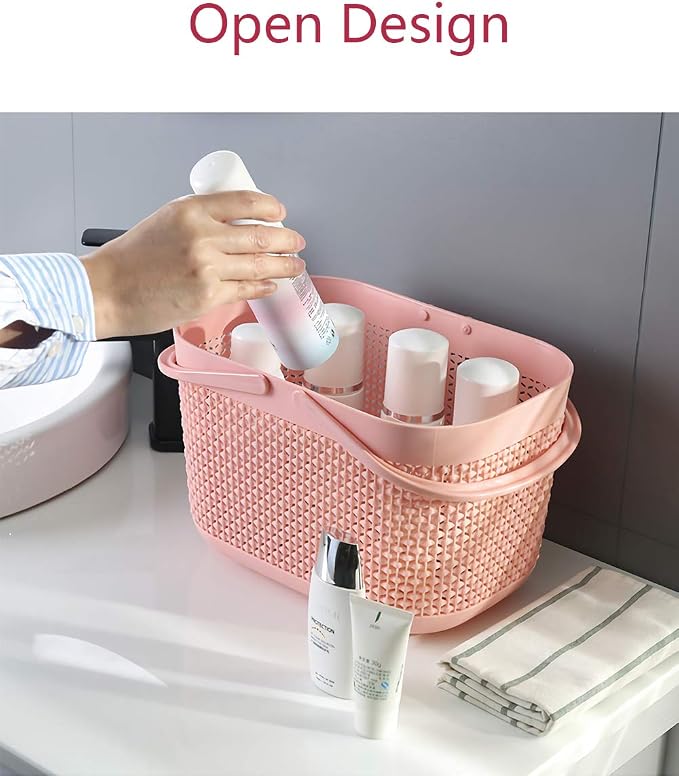 UUJOLY Plastic Organizer Storage Baskets with Handles, Shower Caddy Bins Organizer for Bathroom and kitchen (Pink)