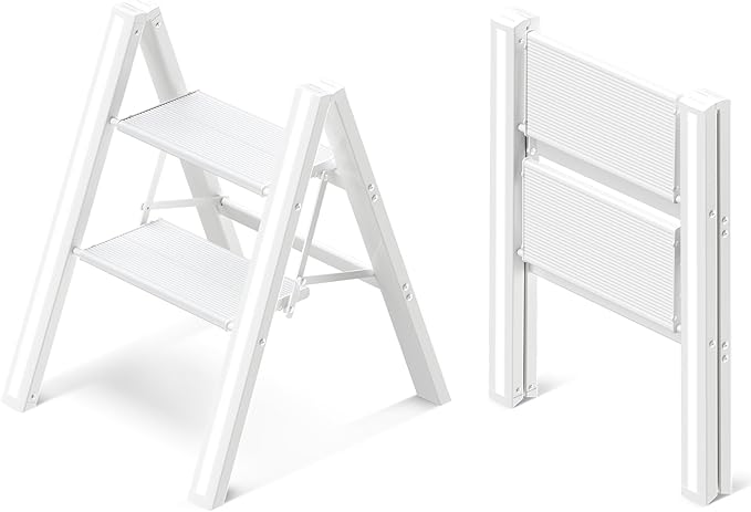 2 Step Ladder, Aluminum Folding 2 Step Stool with Anti-Slip Sturdy and Wide Pedal, Lightweight Portable Stepladder for Home and Kitchen Use Space Saving, Cream White, 330 lbs