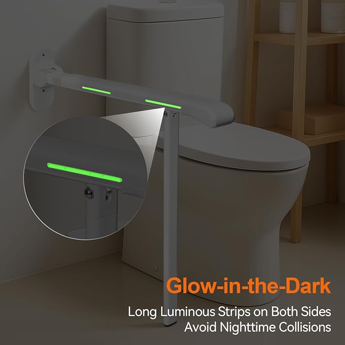SPECILITE Heavy Duty Toilet Grab Bar - 440lb Sturdy Support, Safety Rails with Non-Slip Waterproof handrail & Night Glow Strips, Space Saving Flip-Up Design for Elderly, Disabled, Pregnant & Injury
