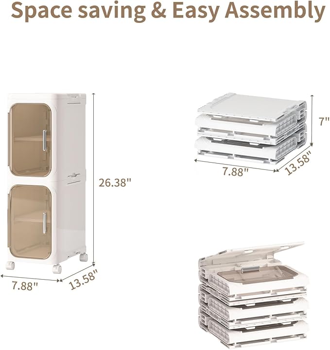 2-Tiers Slim Bathroom Storage Cabinet, Foldable Storage Cabinets,Narrow Bathroom Storage,Movable Bathroom Storage Organizer for Small Spaces,Bathroom,Kitchen,Laundry, Beige