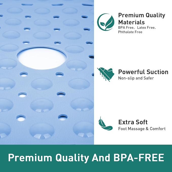 Large Square Shower Mat 27 x 27 Inch Light Blue, Non Slip Shower Bathtub Mats for Inside Shower with Big Suction Cups Drain Holes, Anti Slip Bathroom Floor Stall Mats, Easy Clean, BPA-Free