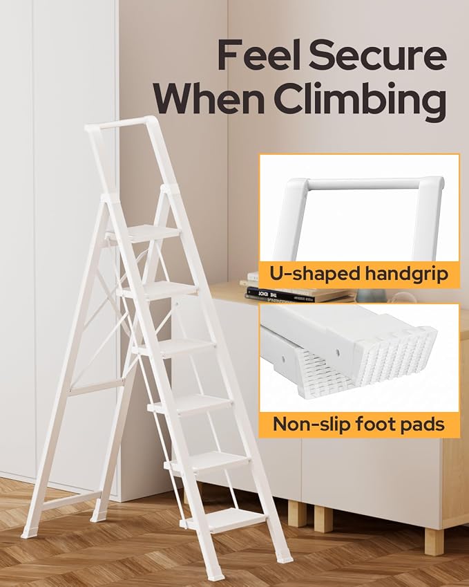 6 Step Ladder for 12 Feet High Ceiling, Lightweight Aluminum Folding Step Stool with Convenient Handgrip, Stepladders with Anti-Slip and Wide Pedal for Home Use Space Saving - White