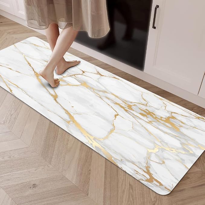 Mrcrypos Marble PVC Leather Kitchen Rug Runner Waterproof Non Slip Cushioned Standing Mats Anti Fatigue Oil Resistant Kitchen Comfort Mats for Floor,Sink,Laundry,Office 17"x47" Luxury Marble Gold