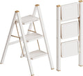 3 Step Ladder, Foldable Step Stool with Anti-Slip Pedal, Portable Iron Stepladder for Home and Kitchen, Easy to Store-Cream Chocalate(300LBS)