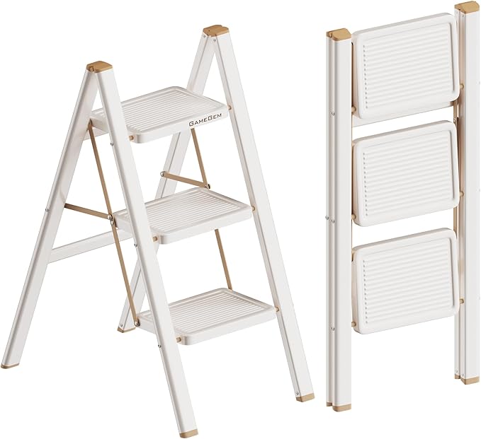 3 Step Ladder, Foldable Step Stool with Anti-Slip Pedal, Portable Iron Stepladder for Home and Kitchen, Easy to Store-Cream Chocalate(300LBS)