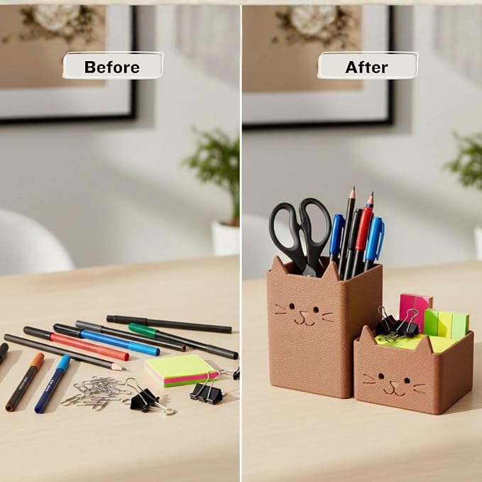 Office Desk Accessories, Set of 2 Pencil Cups, Cute Cat Pen Holder, Cute Desk Decor, Bathroom Organizer, Toothbrush Holders with Drainage, Makeup Brush Organizer, Cat Lover Gifts (Brown)