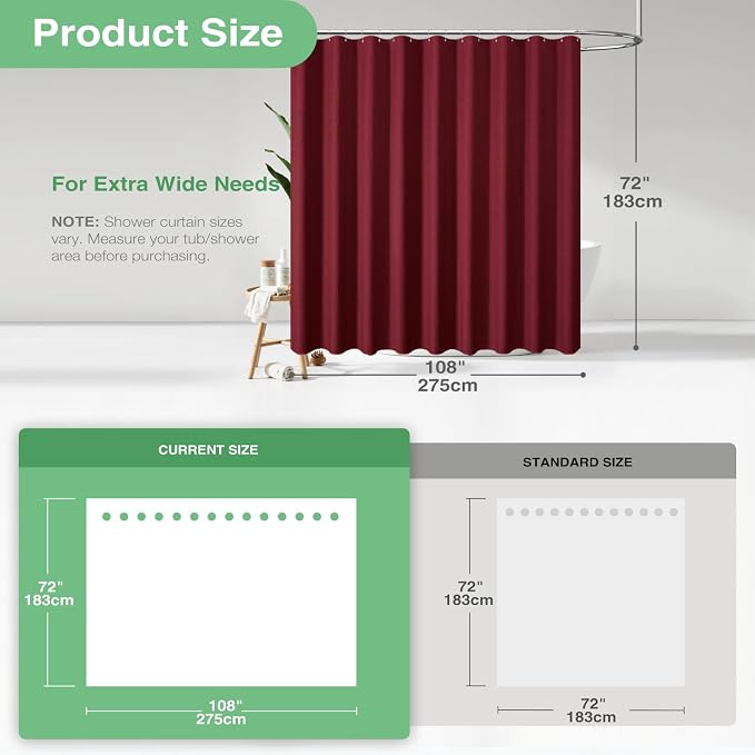 Dynamene Extra Wide Shower Curtain - 108 Inch Wide Waffle Weave Weighted Thick Cloth Bathroom Shower Curtain, Neutral Heavy Duty Hotel Bath Curtain Set with 18 Plastic Hooks, 108x72, Burgundy
