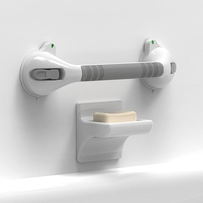 16.5inch Suction Bath Grab Bar with Indicators, Balance Assist Bathroom Shower Handle (White/Grey, Pack of 1)