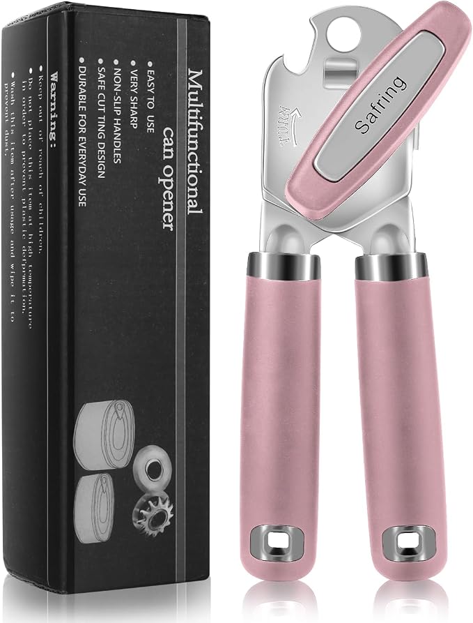 Safring Can Opener Manual, Heavy Duty Handheld Strong Can Opener with Soft Touch Handle, Sharp Blade Smooth Edge, Can Openers with Multifunctional Bottle Opener, Pink