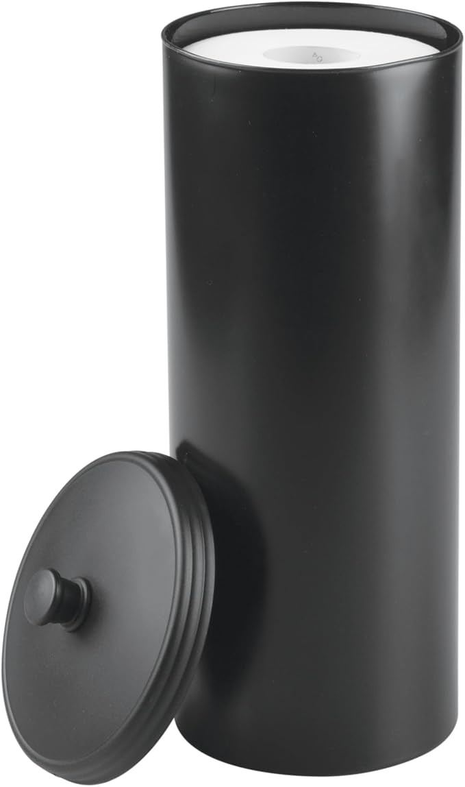 iDesign Freestanding Bathroom Toilet Paper Storage Holder with Lid for 3 Extra Rolls, Matte Black