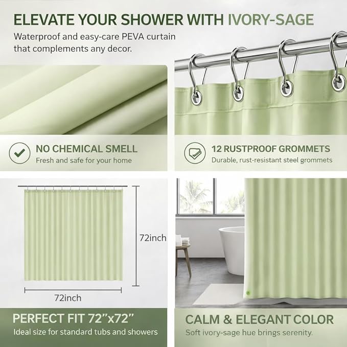 EHZNZIE Sage Shower Curtain Liner 72x72, PEVA Waterproof Bath Curtain, No Chemical Smell, 3 Weighted Magnets, Durable with Rustproof Metal Grommets