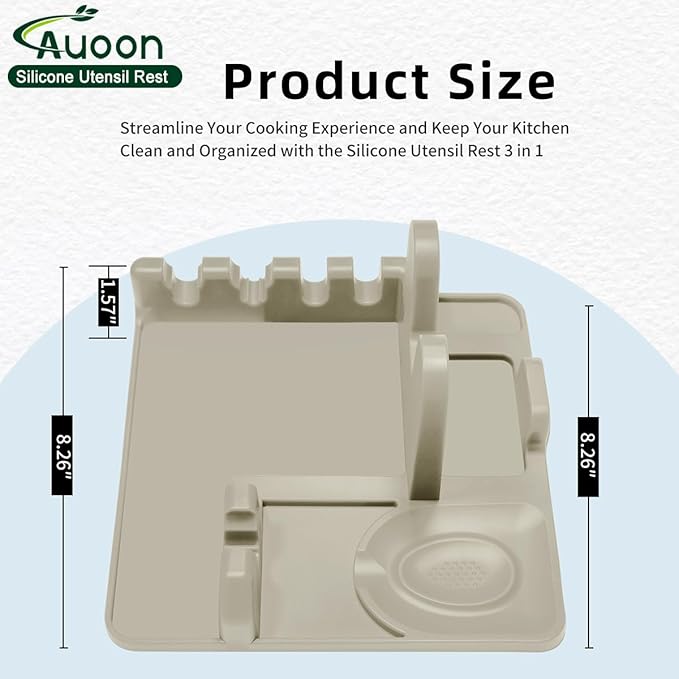 Auoon Silicone Spoon Rest with Lid Holder - 3 in 1 Kitchen Utensil Rest for Soup Ladles, Pot Lids, Spatulas, Spoons, Tongs, BPA Free & Dishwasher Safe, 8.26 x 8.06 Inch (Milk Shake, Large)
