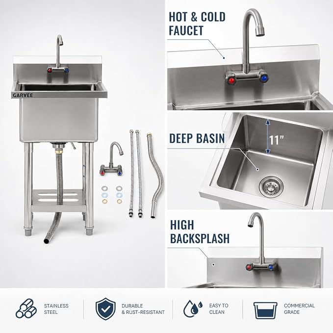 Freestanding Utility Sink 21" x 18" x 41", Stainless Steel American Style Single Bowl with T-Shaped Faucet, Cold Gray Finish, Compact Laundry Room, Balcony, Small Utility Spaces, Easy Clean Surface