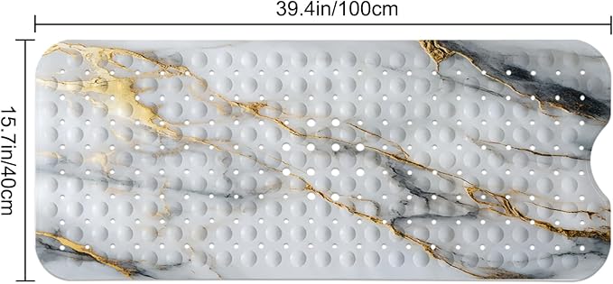 LNOND Marble Bath Tub Mat Non Slip, Extra Long 40 X 16 Inch Anti Slip Mat for Bathtub, White Gold Marble Shower Mat with Drain Holes and Suction Cups, Machine Washable
