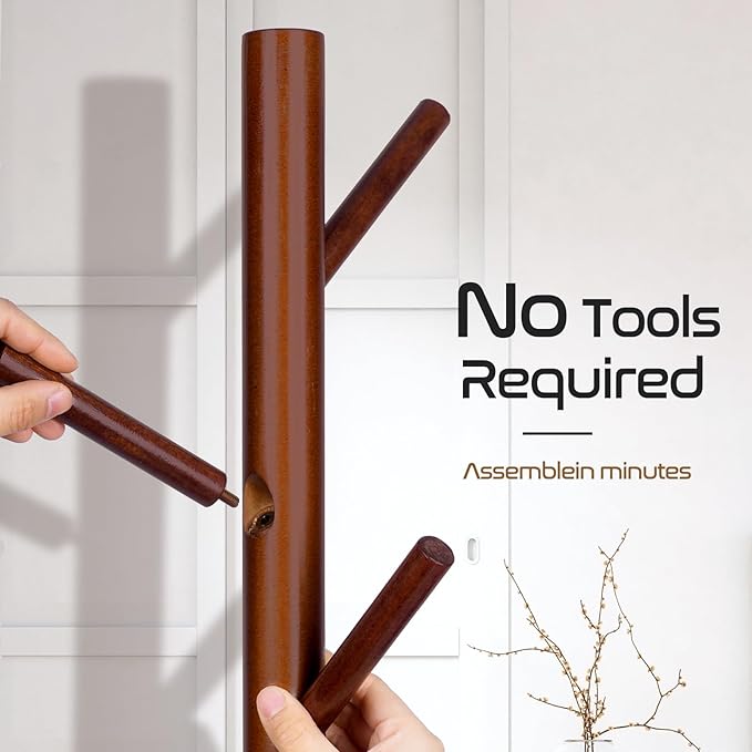 2 PC Wooden Coat Rack Freestanding with 8 Hooks & 3 Adjustable Sizes for Clothes, Space-Saving Design for Bedroom Office Entrance Holds Hats Coats Scarves Bags