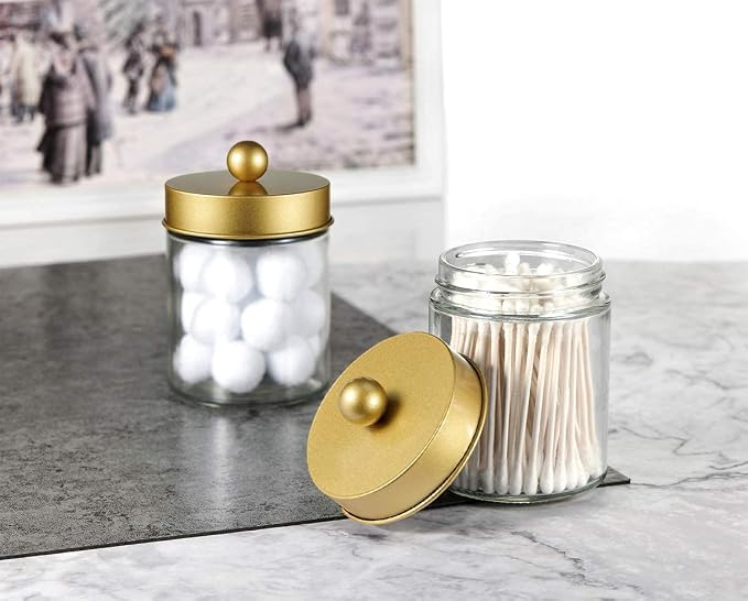 Amolliar 4 Pc Glass Apothecary Jars - Countertop Qtip Dispenser Holder with Stainless Steel Lids &Cute Stickers -Bathroom Vanity Storage Organizer Set for Qtips,Cotton Swabs,Makeup Sponges(Gold)