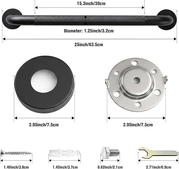 24 Inch Black Shower Grab Bar for Seniors,1.25'' Diameter 304 Stainless Steel Heavy Duty Anti-Slip Bathroom Safety Handicap Grab Bar for Shower, Bathtub & Toilet, Wall Mounted, Supports 500lbs