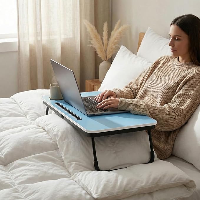 BUYIFY Foldable Laptop Bed Desk for Couch, Sofa - Large Lap Desk Tray Table with Cup Holder and Tablet Slot - Portable Notebook Stand for Eating, Writing, Studying and WFH (Blue)-USA Original Patent
