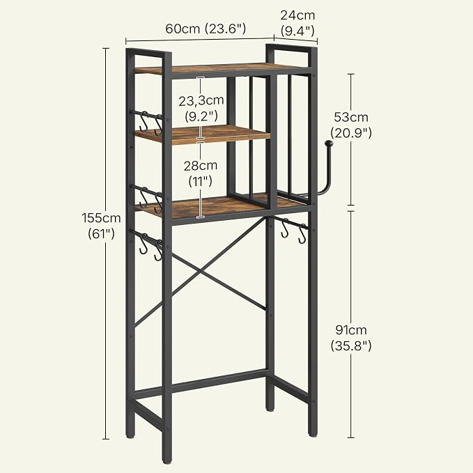 YATINEY Over The Toilet Storage Cabinet, 3-Tier Over The Toilet Storage Rack, Bathroom Organizer with Paper Holder 8 Hooks, Over The Toilet Shelf for Bathroom, Laundry, Rustic Brown and Black TR06BR