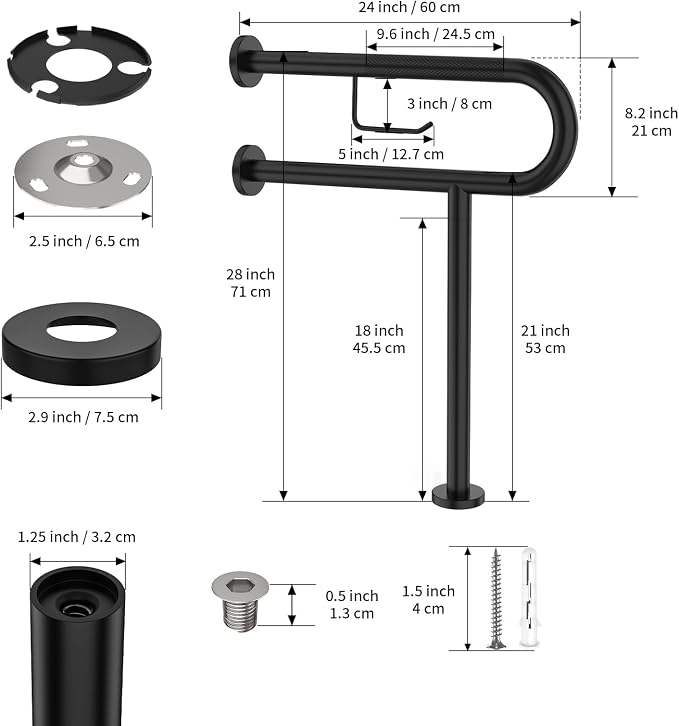 Toilet Support Rail w/Toilet Paper Holder 24x28 Inch, ZUEXT Wall to Floor Matte Black Anti-Slip Handicap Grab Bar for Bathroom, Stainless Steel Safety handrails with Leg for Elderly Disabled Pregnant